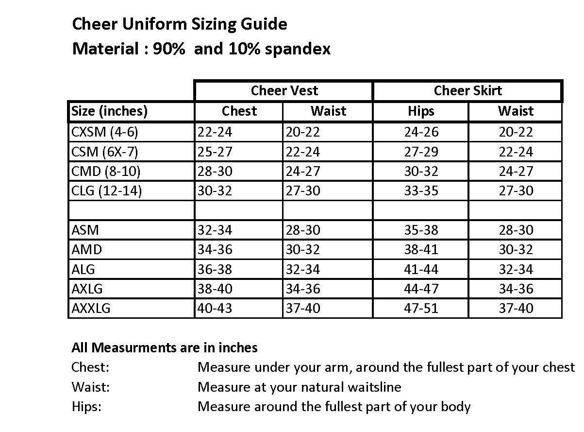 Varsity Cheer Uniform Sizing